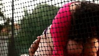 BBW brunette facesits her tennis teacher at tennis court