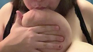Busty curly brunette with big boobs fucks on couch